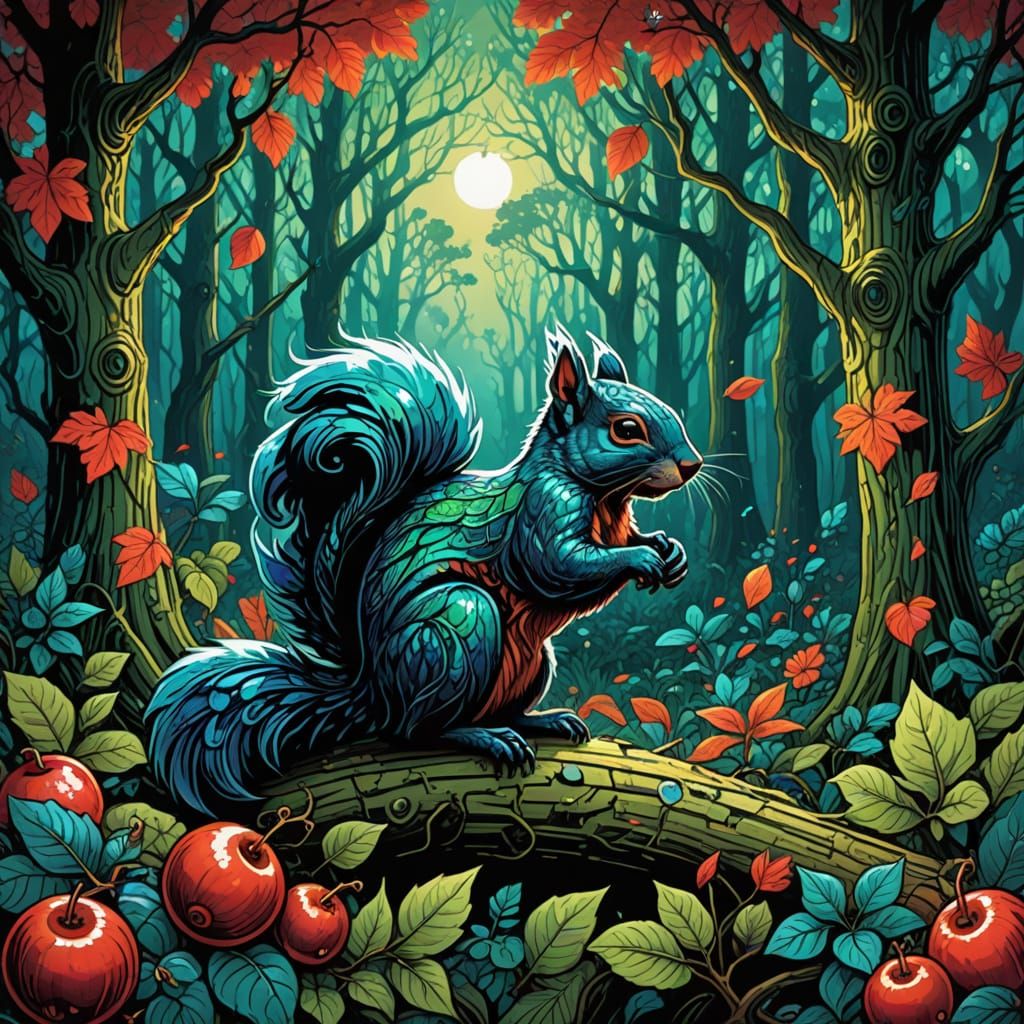 Emerald Forest Fantasy with Squirrels and Red Fruits