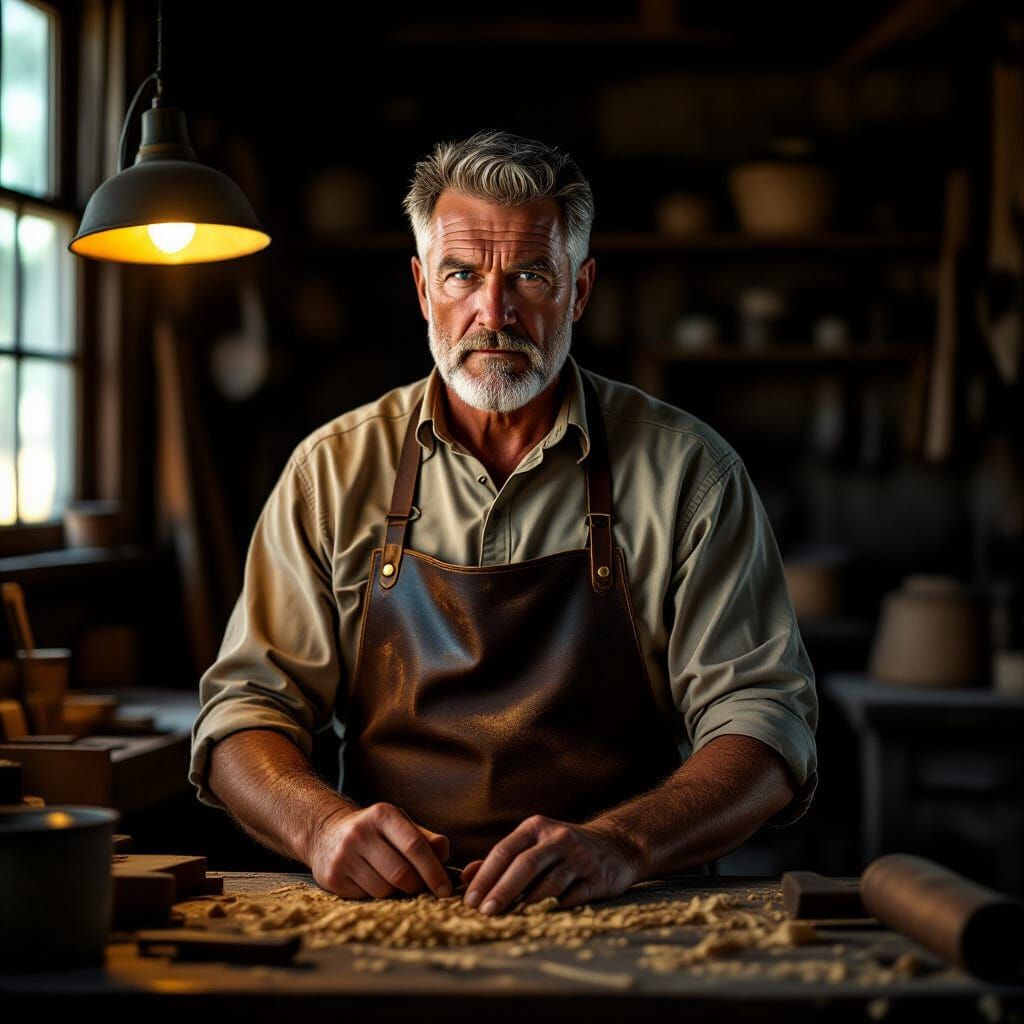 Stoic Older Man in Rustic Workshop, Photorealistic Style