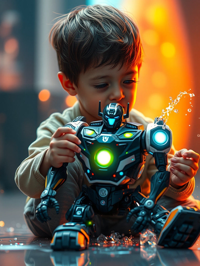 Futuristic Child with Transforming Robot Toy, Splash Art