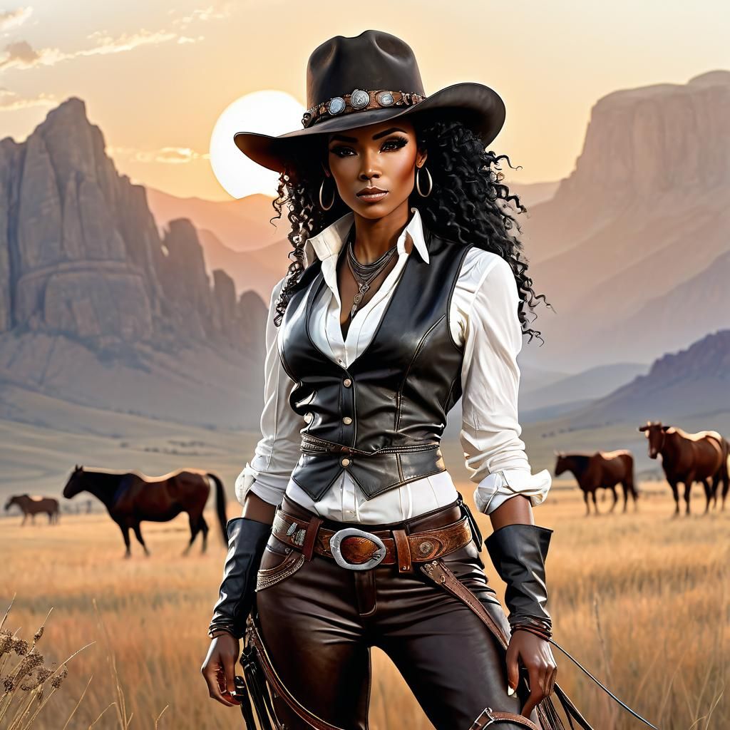 Goddess-Like Cowboy in Anime Style Sunset