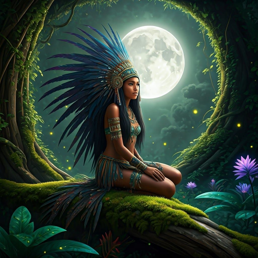 Brazilian Girl in Rainforest Headdress: Matte Painting Style