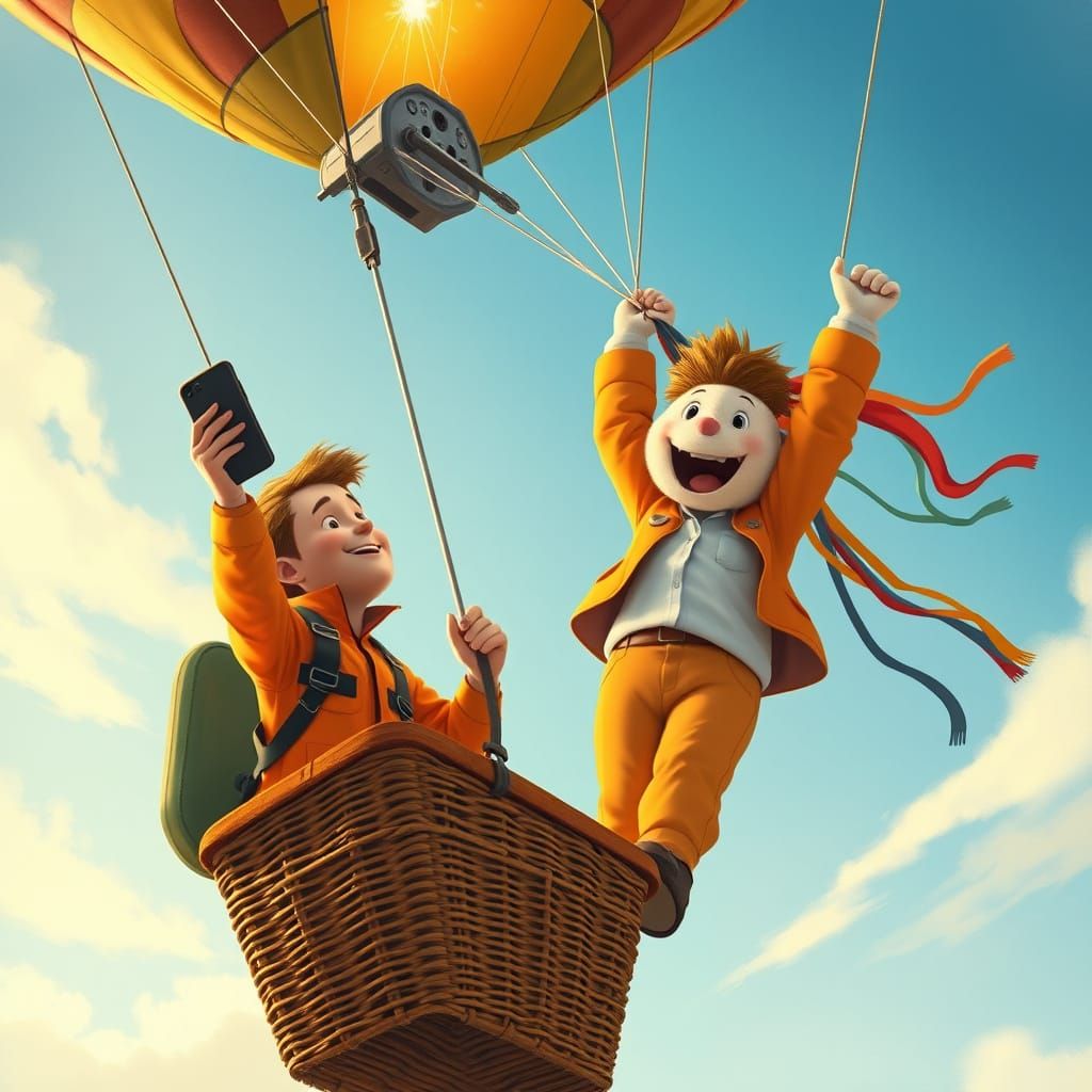 Hot Air Balloon Soars as Moby Pulls Lever in Whimsical Scene