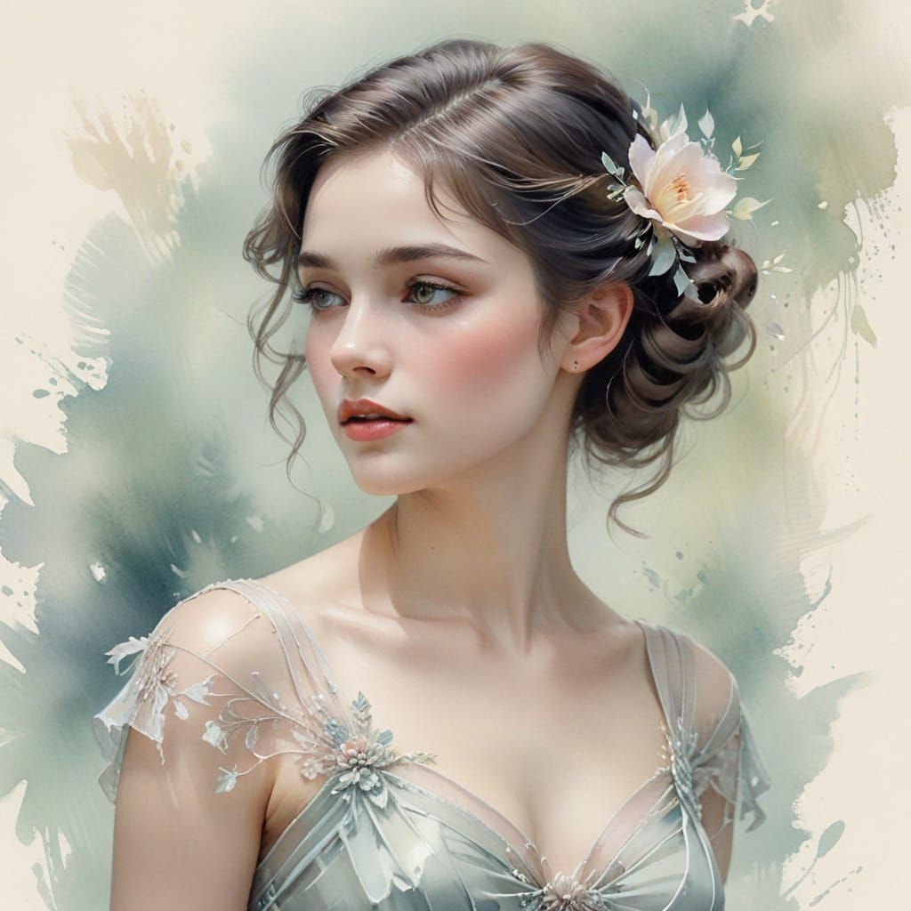 Ethereal Woman Portrait in Watercolor Sfumato Style