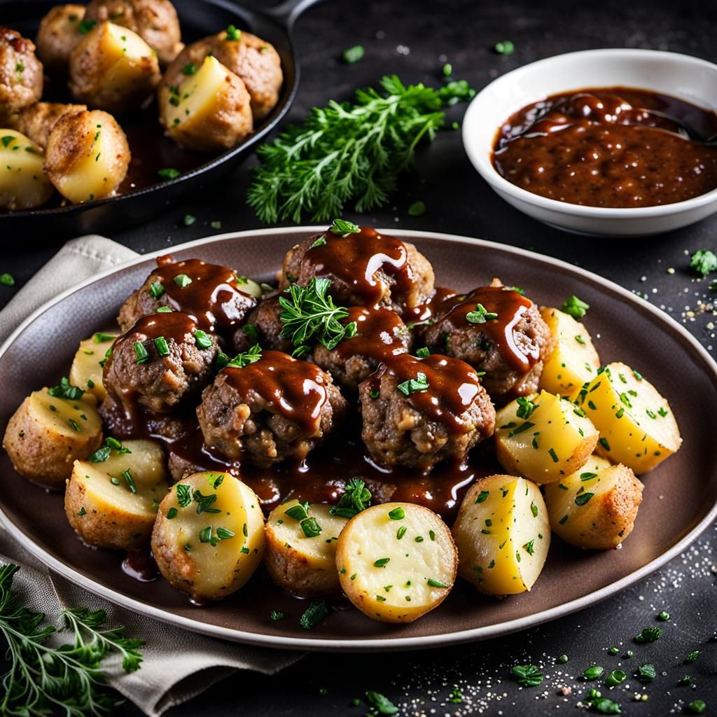 Meatballs with Potatoes and Brown Sauce