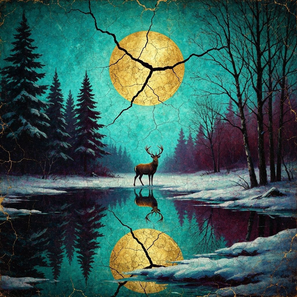 Majestic Deer by Lake Under Cracked Golden Moon, Antique Pai...