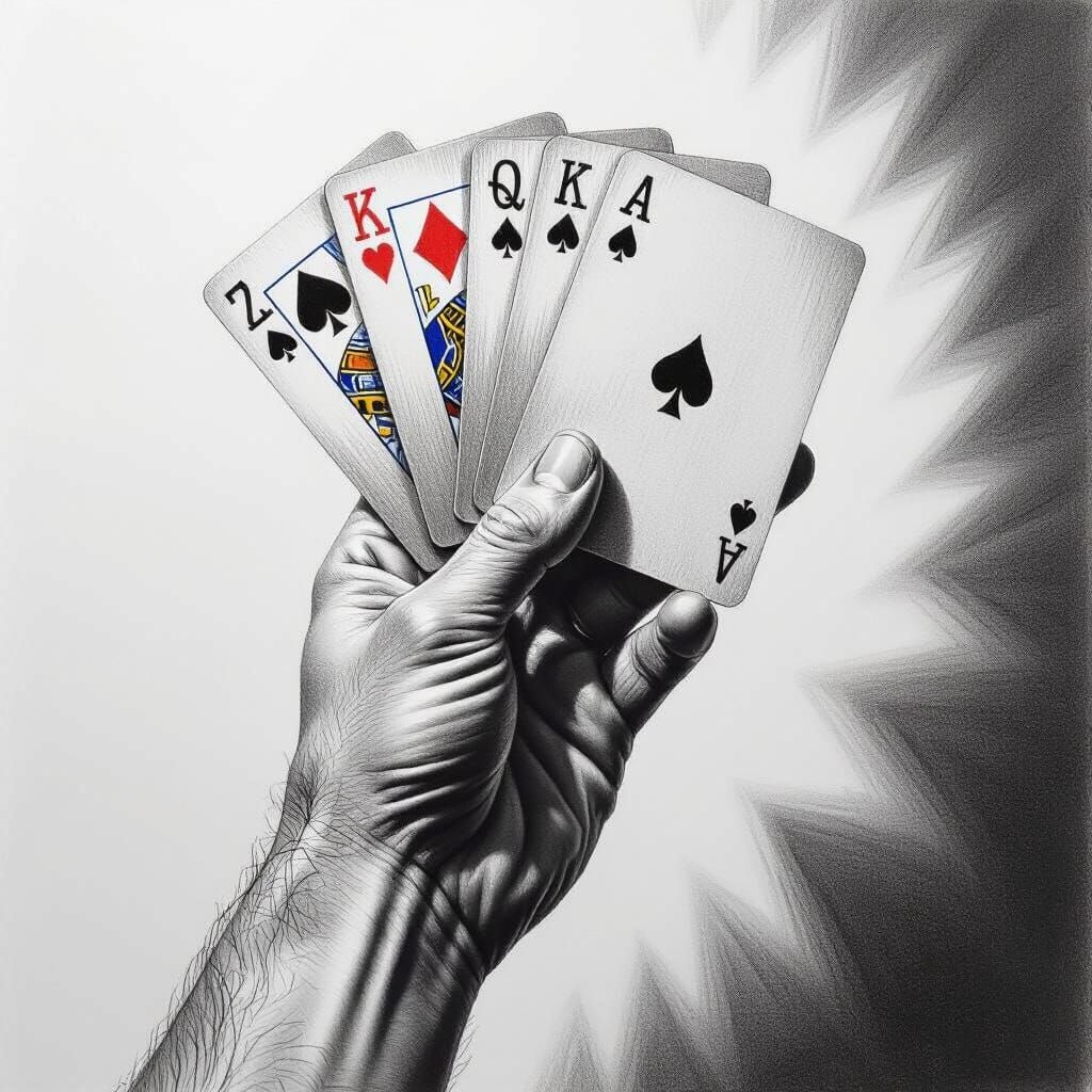 Graphite Pencil Sketch of Hand Holding Playing Cards