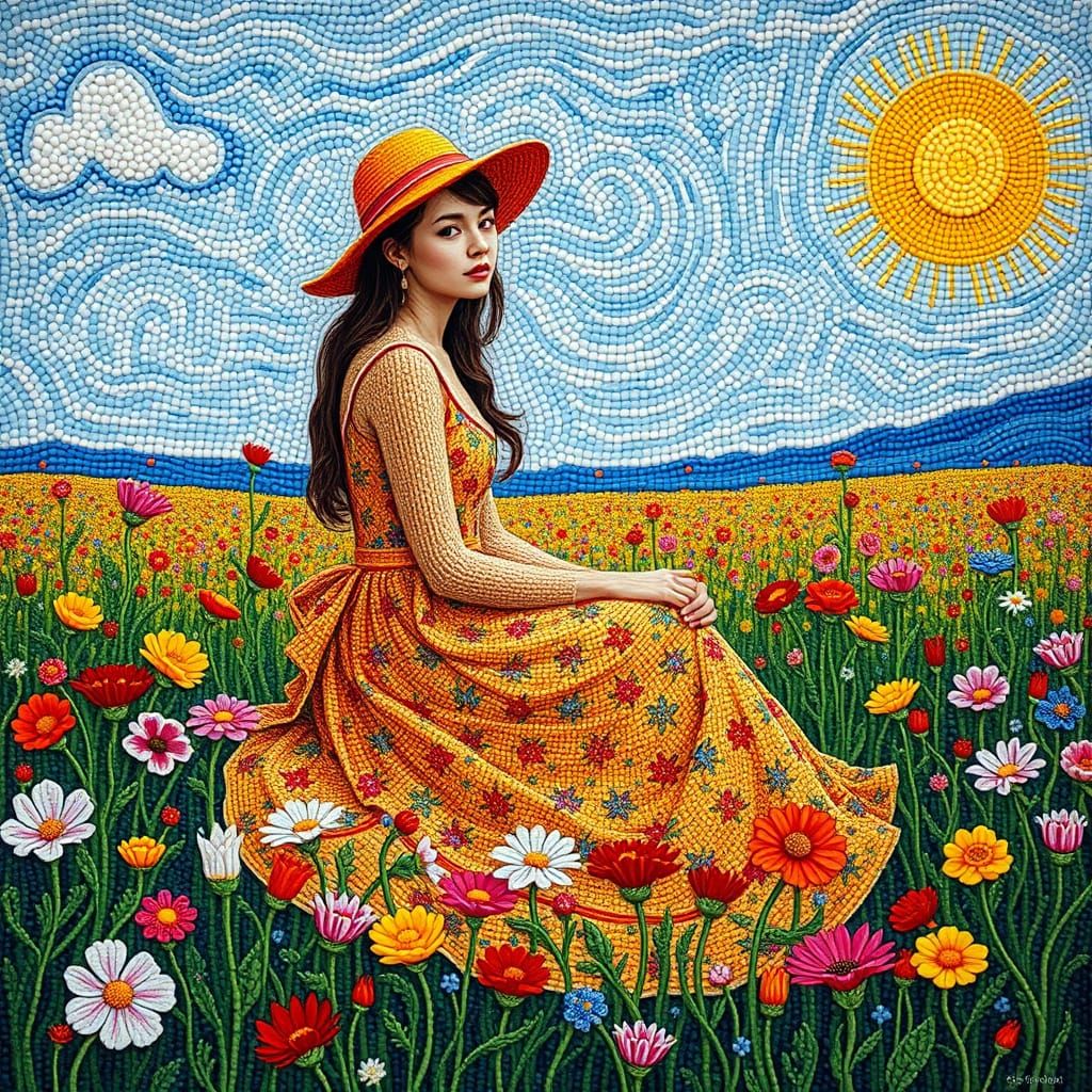 Woman in Beaded Floral Field, Hyperrealistic Art Nouveau