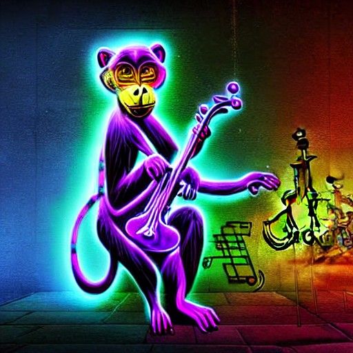 Neon Monkey Plays Cosmic Violin: Synthwave Illustration