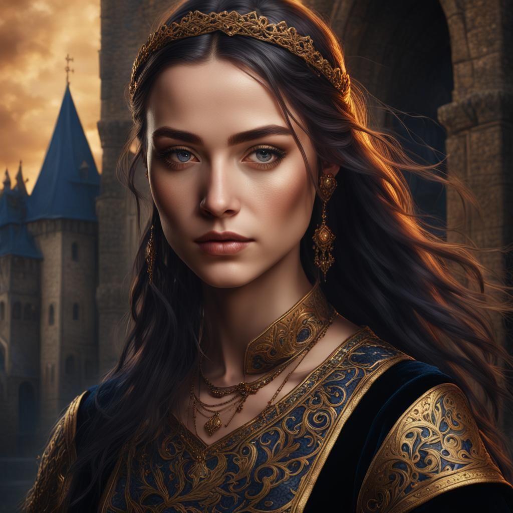 Medieval Woman in Black Dress with Amber Eyes