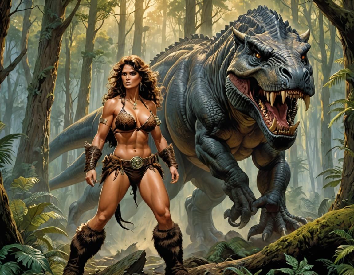 Fantasy Art: Barbarian Woman and Tyrannosaurus Rex