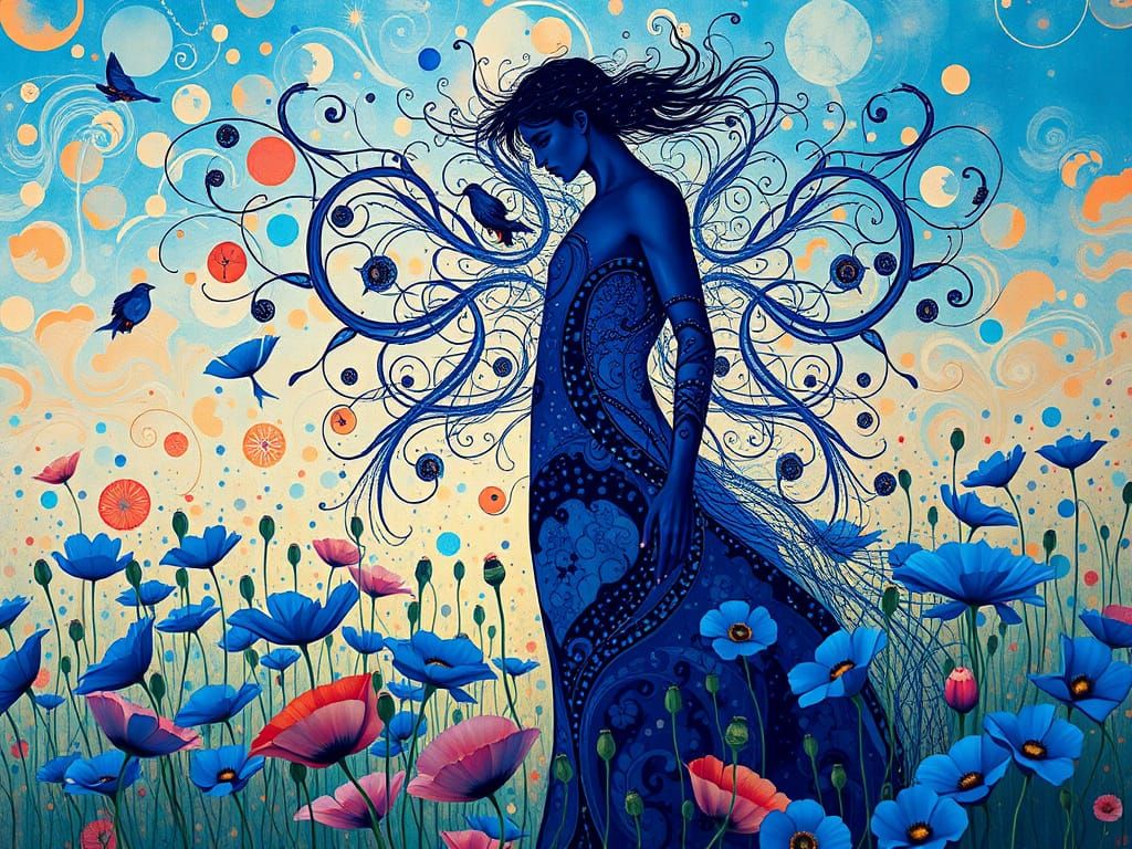 Surreal Artwork in Cobalt Blue and Whimsical Poppies