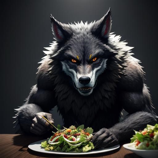 Werewolf Eats Salad in 3D Anime Art Style