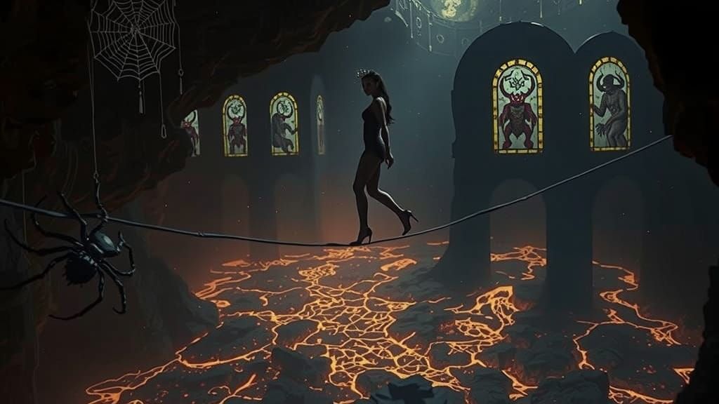 Dark Elf Queen on Tightrope in Lava Cavern