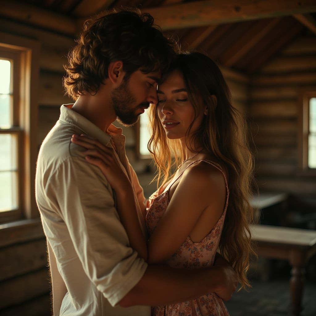 Romantic Cabin Embrace in Golden Light