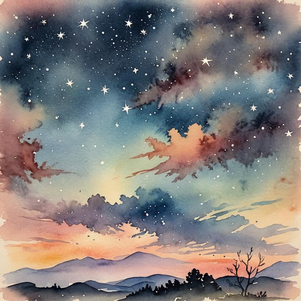 Watercolor Sketch: Dawn Sky with Visible Stars