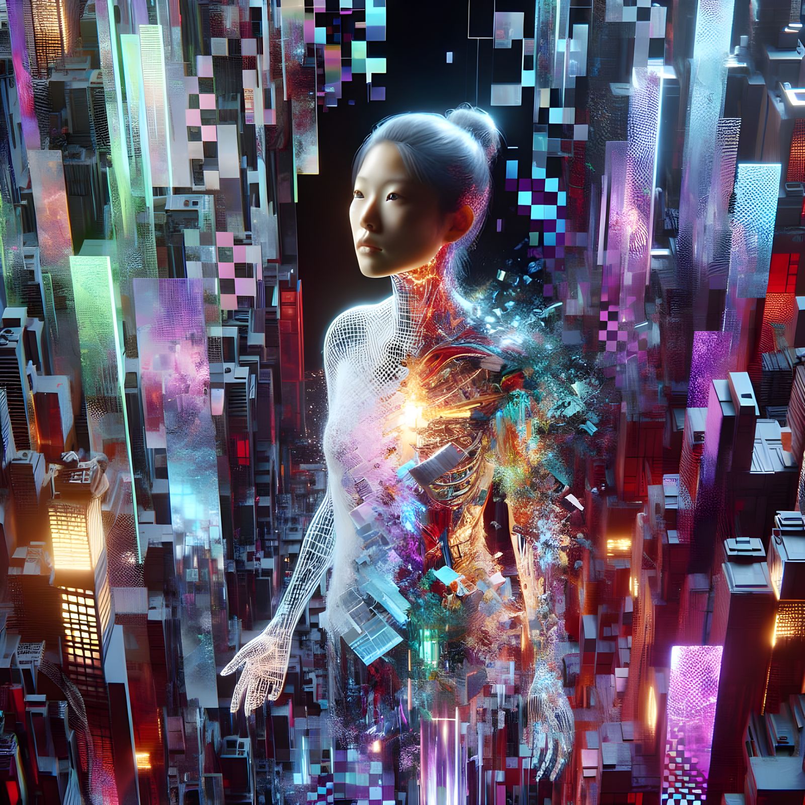 Hyperreal Woman Dissolves into Prismatic Labyrinth