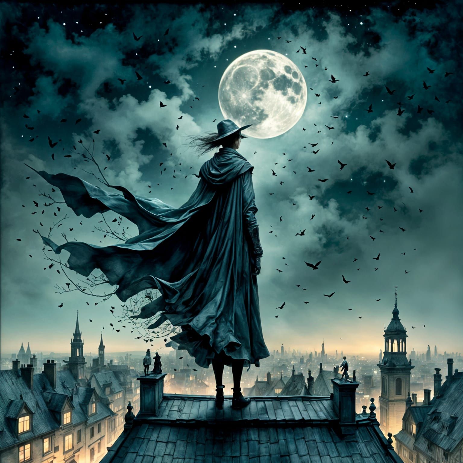 Caped Figure on Rooftop in Charcoal Style
