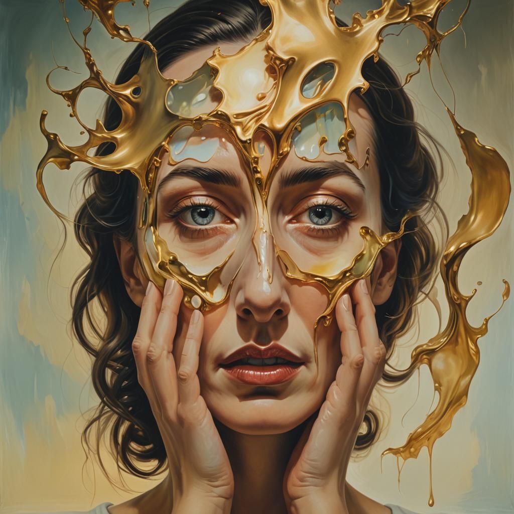 Surreal Woman Rearranging Face in Dreamlike Style