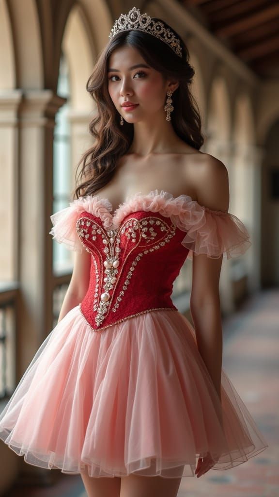 Sensuous Princess in Red, Pink, and White Baroque Dress