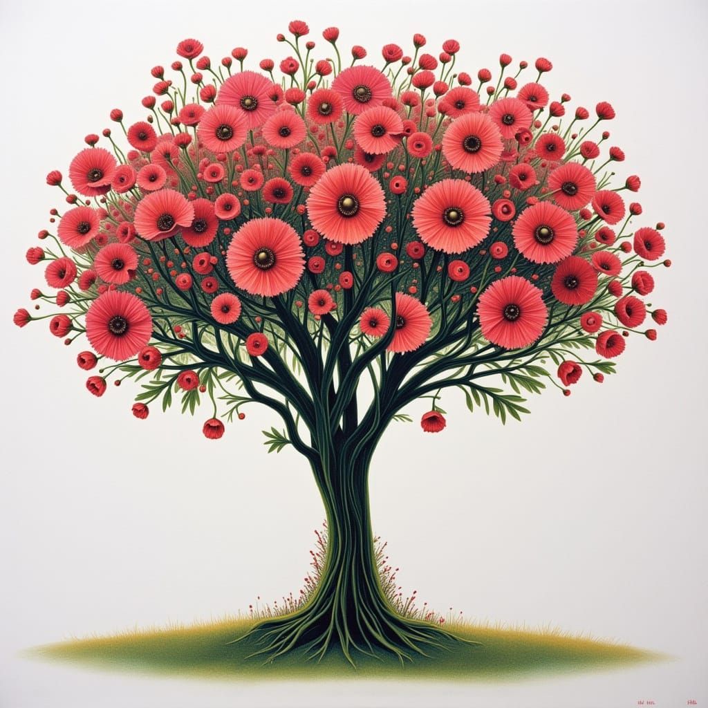 Enchanting Flower Tree in Surreal, Gem-Like Style