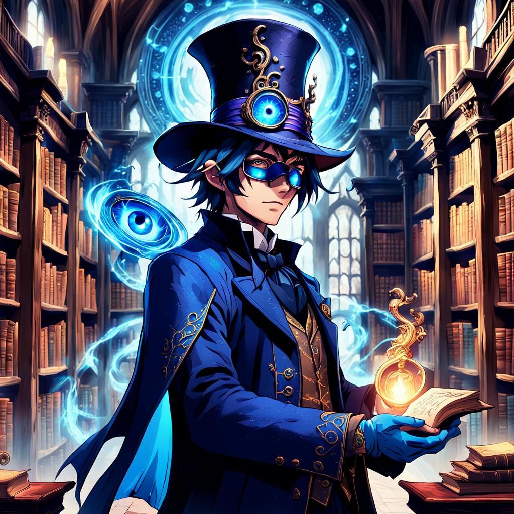 Blue Mage in Magical Library, Anime Style