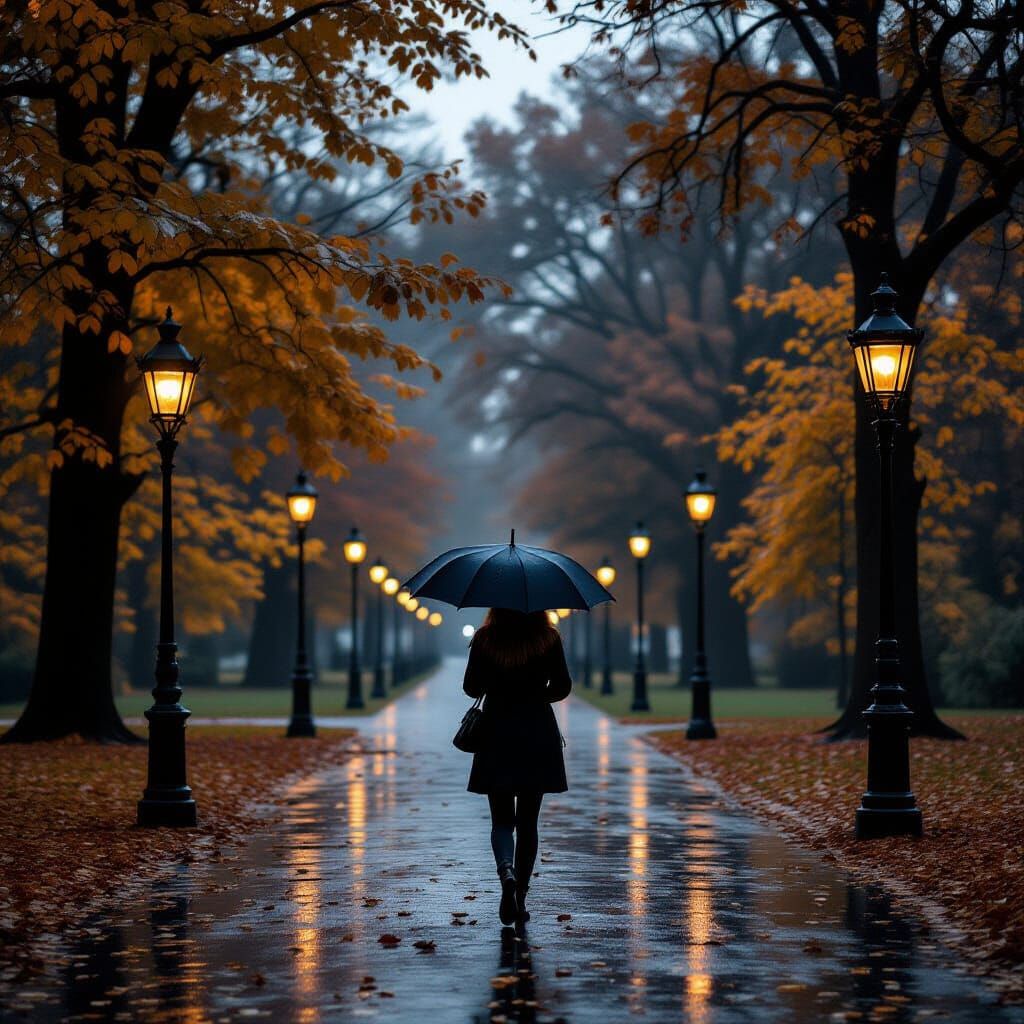 Woman in Autumn Park With Gas Lamps