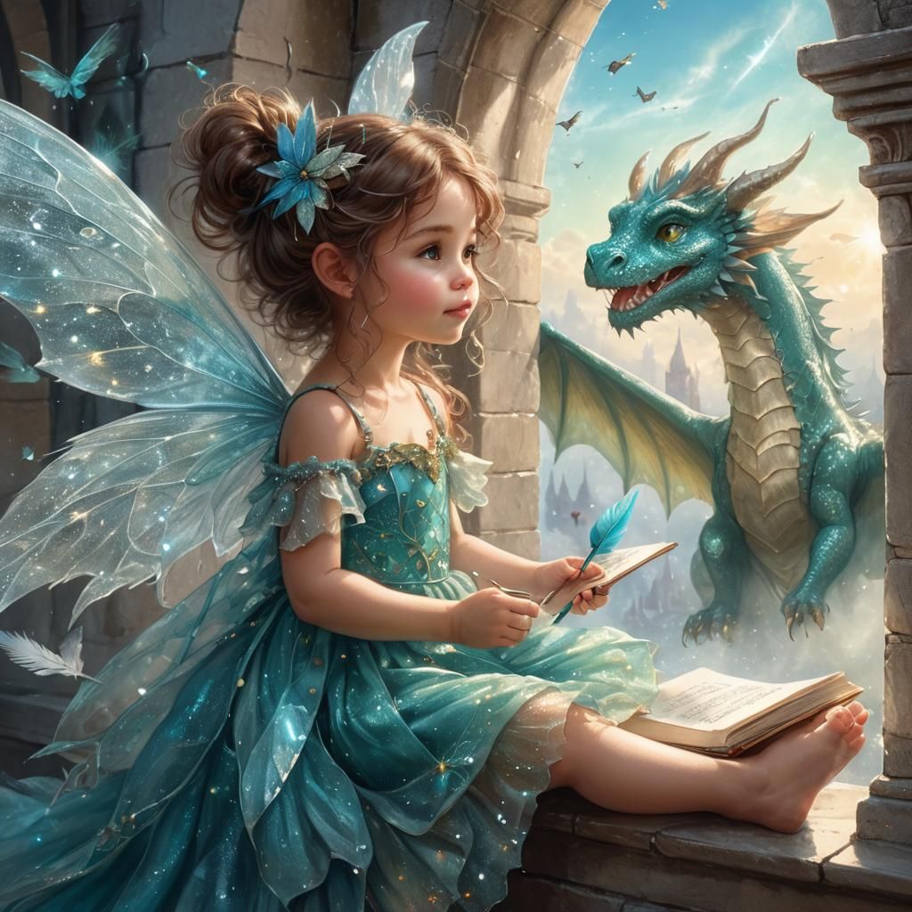 Fairy and Dragon in Tower, Digital Oil Painting