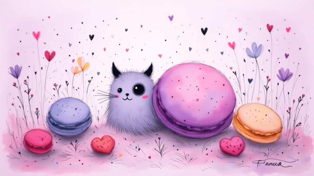 Whimsical Pastries Float in Lavender Sky with Friendly Monst...