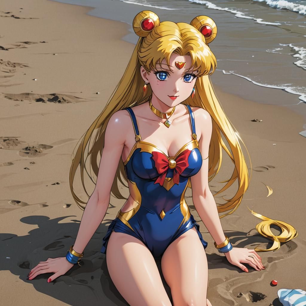 Sailor Moon Relaxing on the Beach in Anime Style