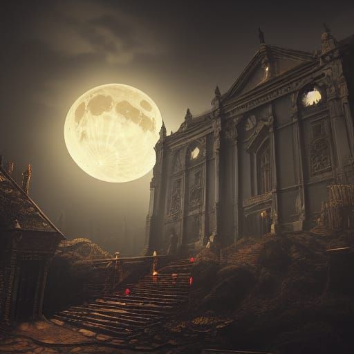 Dark Crypt Under Full Moon: Detailed Matte Painting