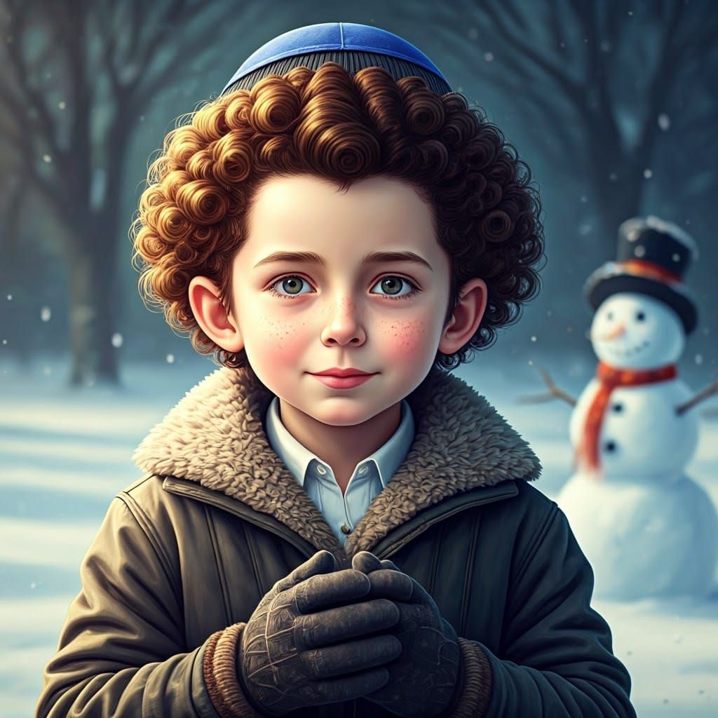 Ultra-Orthodox Hasidic Boy in Winter Wonderland