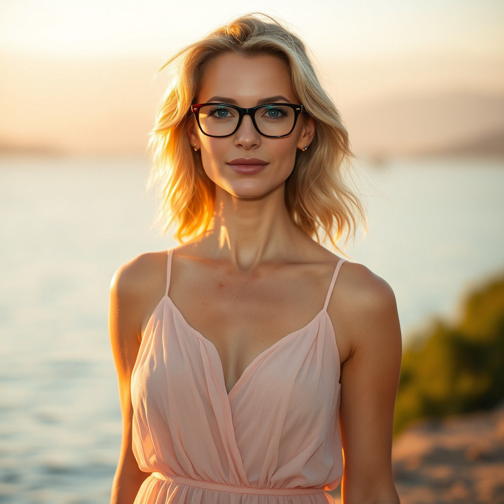 Woman Poses by Lakeshore in Cinematic Style