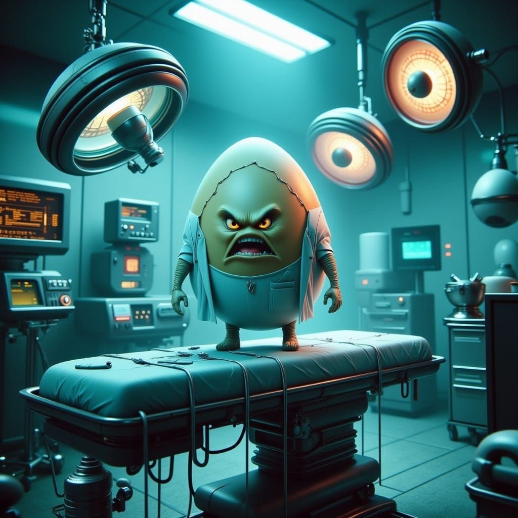 Angry Egg Surgeon in Futuristic Operating Room