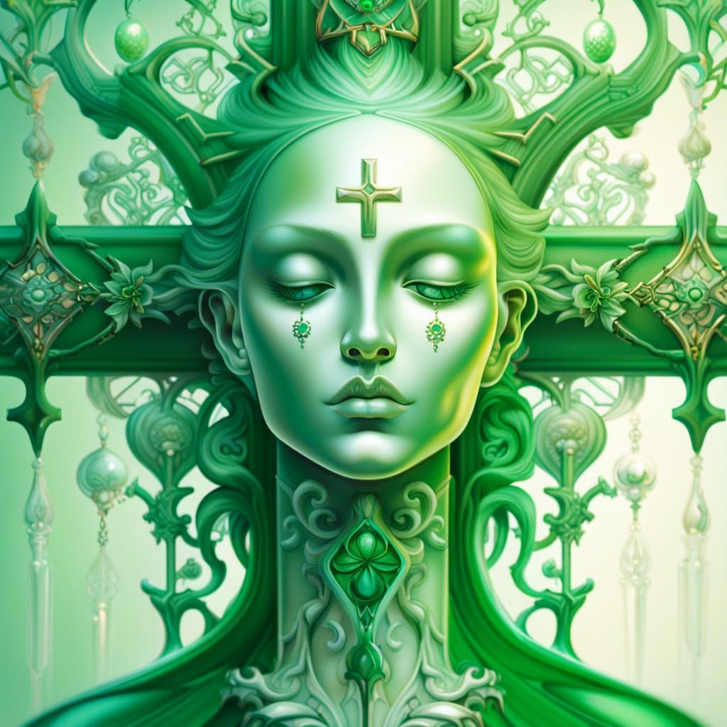 Gothic Fantasy Lithograph with Emerald and Pearl Tones