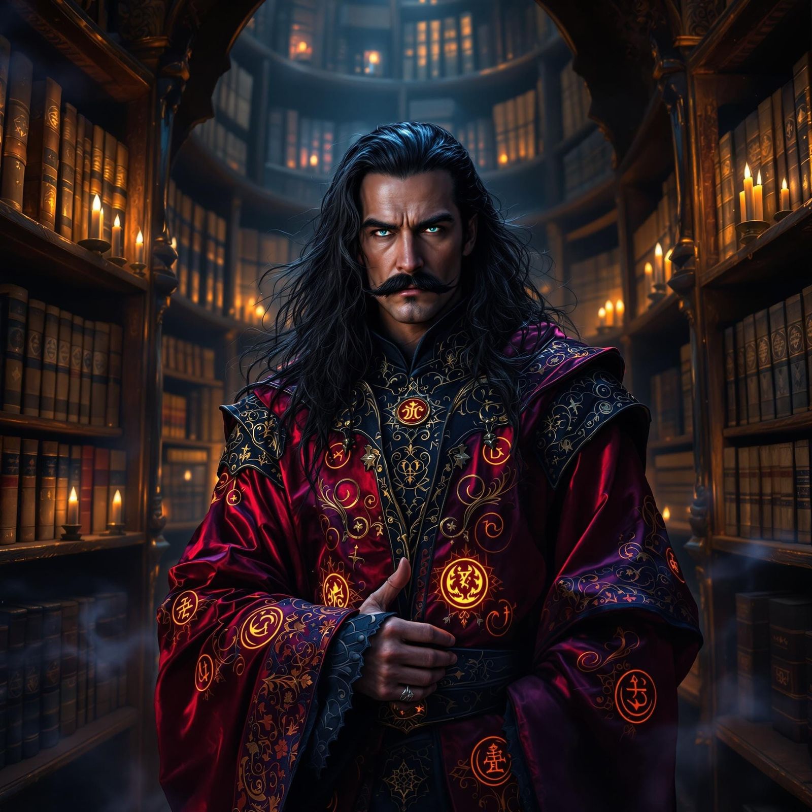 Wizard in Arcane Library with Glowing Sigils