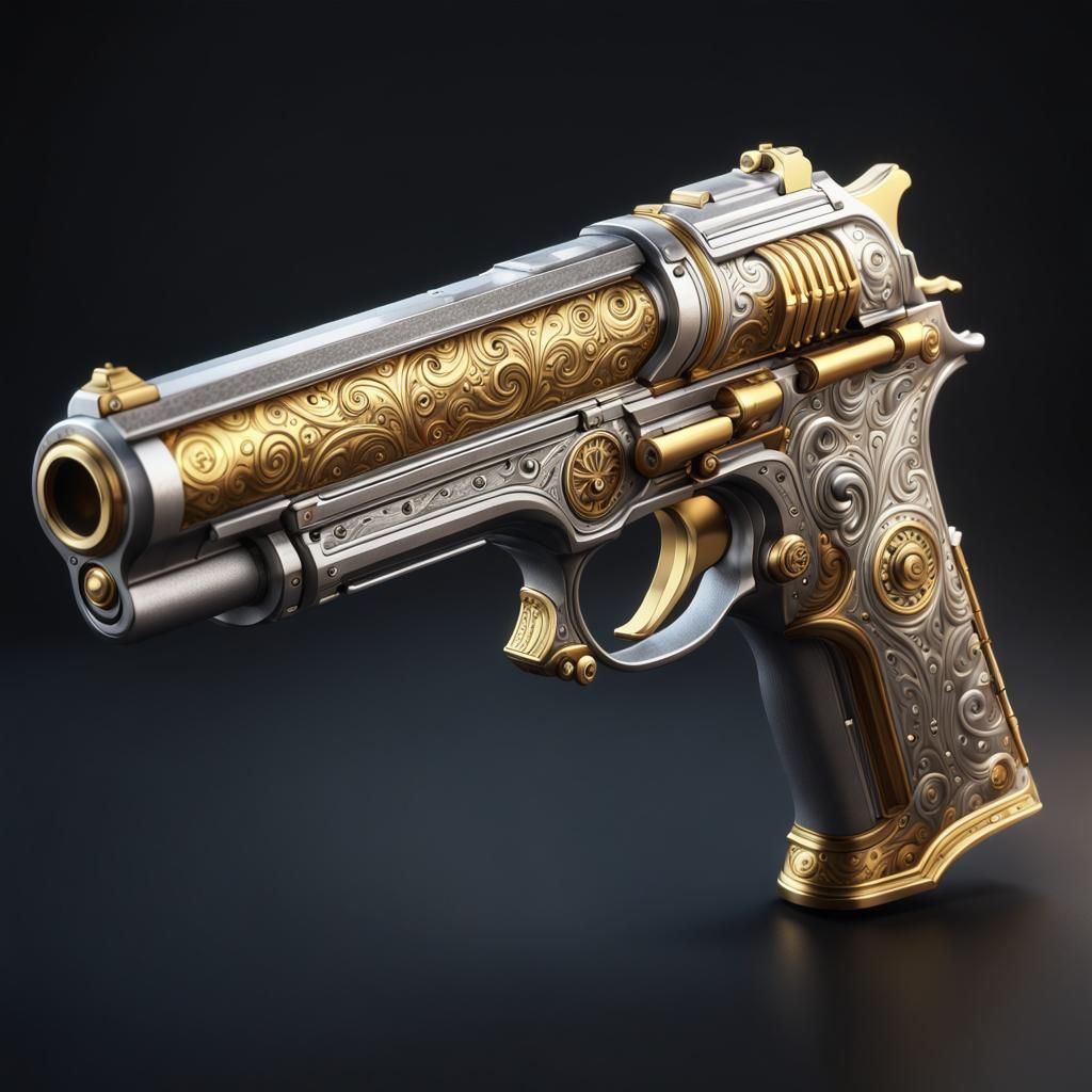 Silver and Gold Pistol in Detailed Matte Painting