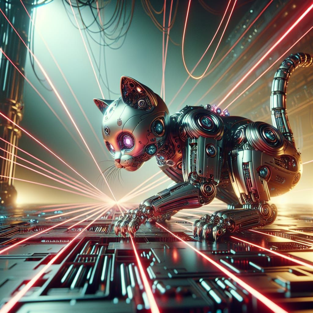 Cybernetic Kitten Plays with Lasers in Sci-Fi Scene