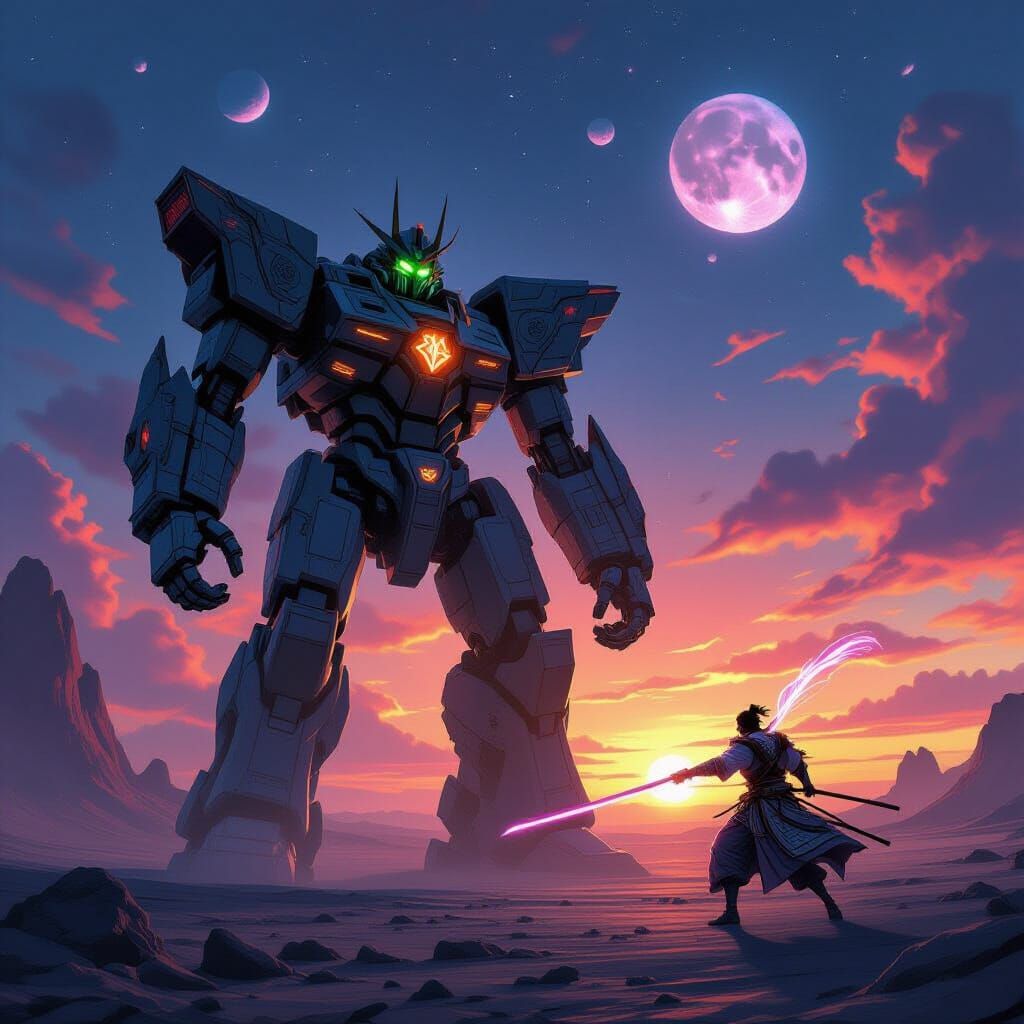 Ancient Robot Warrior Battles Energy Samurai Under Binary Su...