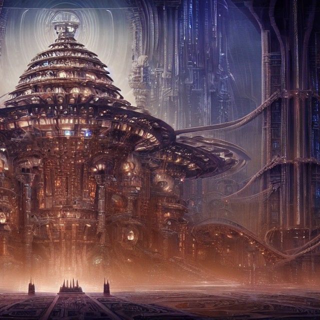 Biomechanical Town Hall in Futuristic Cityscape