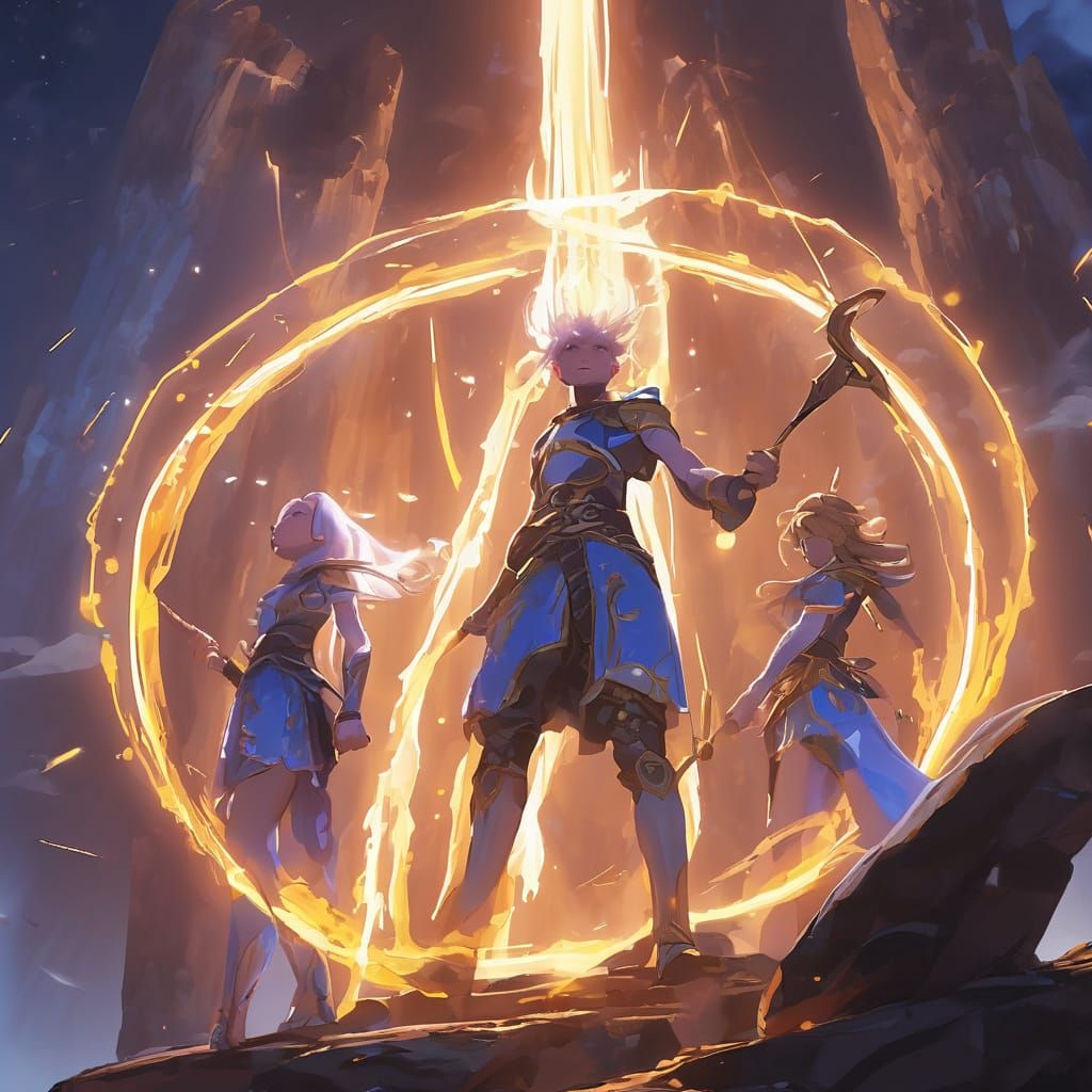 Four Warriors in Ancient Glowing Ruins, Divine Energy Erupts