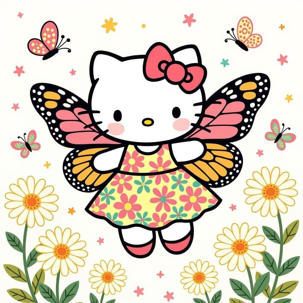 Hello Kitty Butterfly in Floral Garden, Whimsical Art