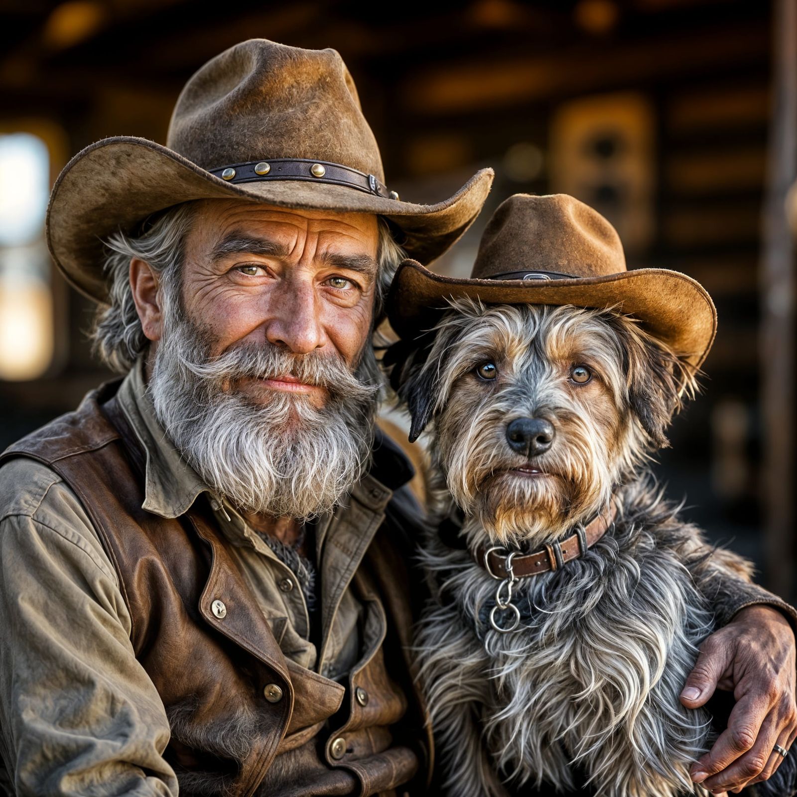 Old Man and Dog Share Glance in Dusty Western Saloon
