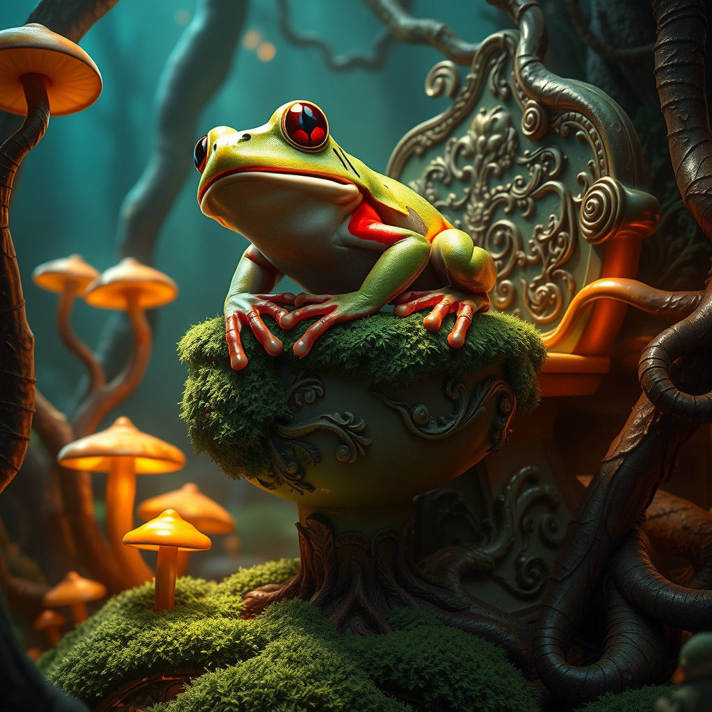Fantastical Frog on Ornate Toilet in Lush Environment