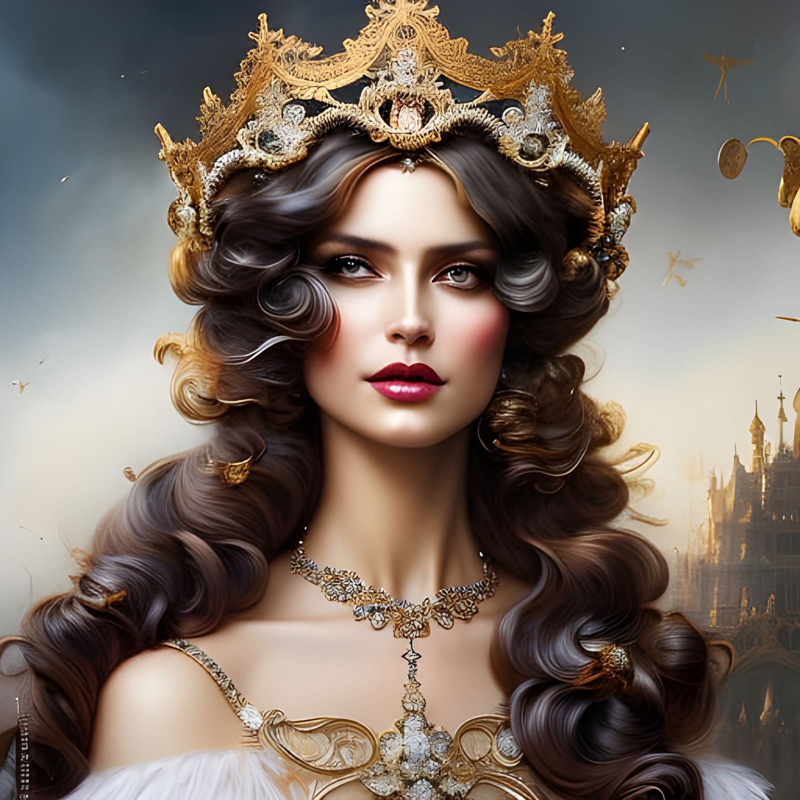 Rococo Woman with Crown, Hyperdetailed Digital Art