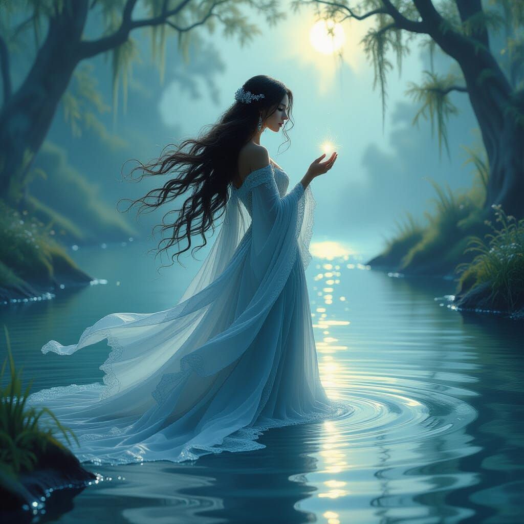 Mesmerizing Water Witch Commanding Tides in Misty Atmosphere