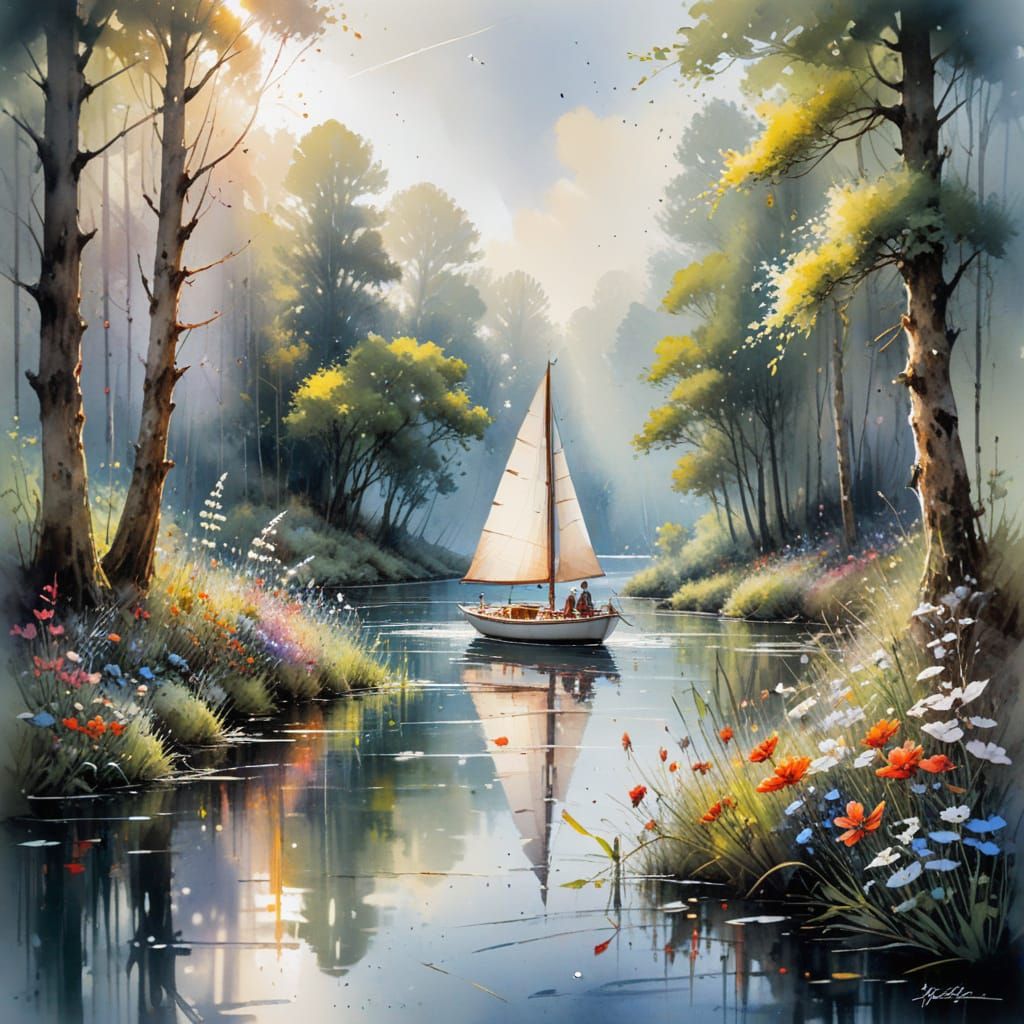 Sunlit Sailboat on River Lake: Watercolor Art