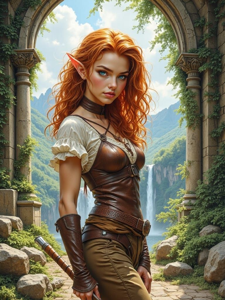 Half-Elf Maiden in Ancient Temple Ruins