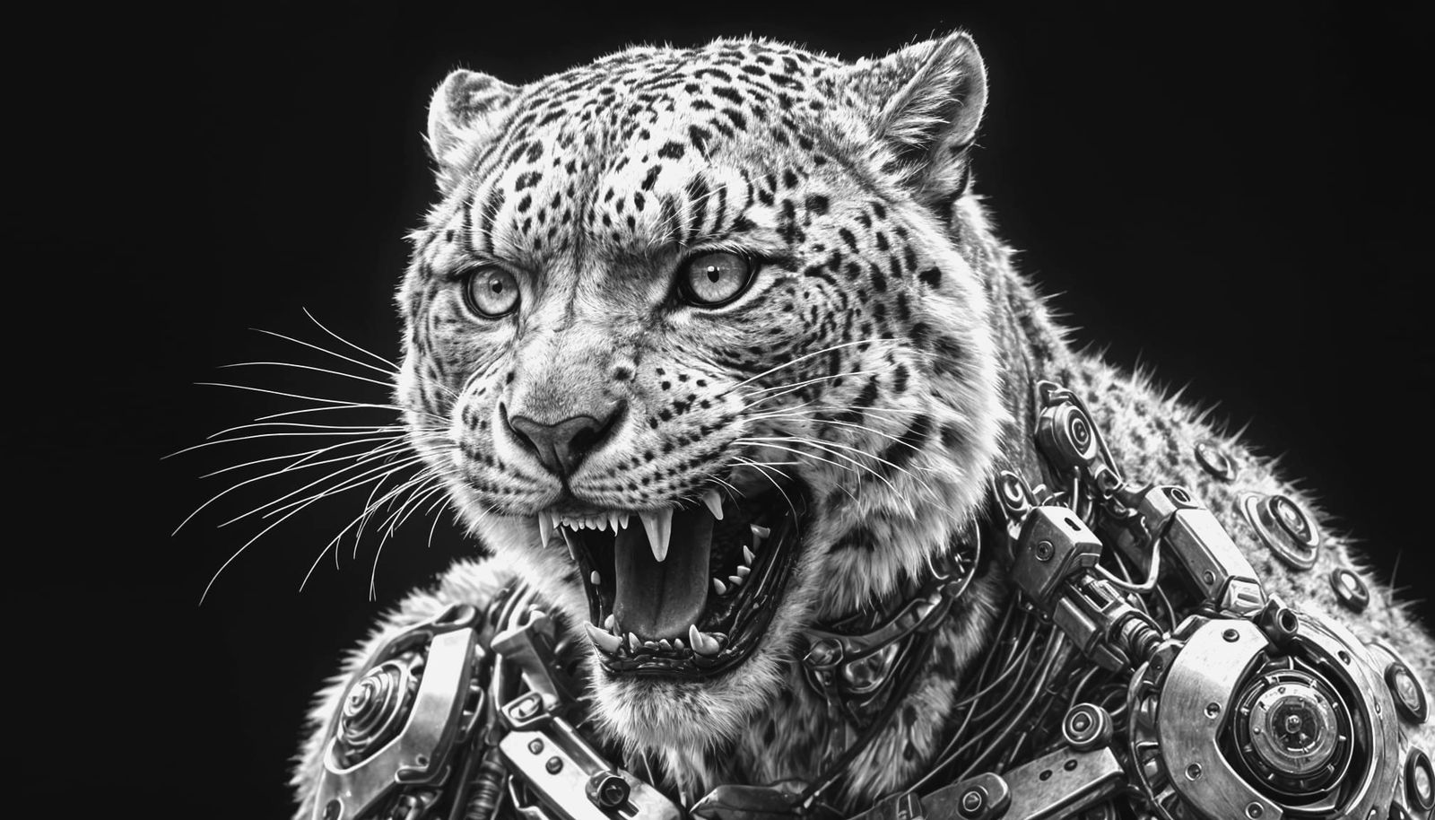 Horrifying Snow Leopard Cyborg Charcoal Drawing