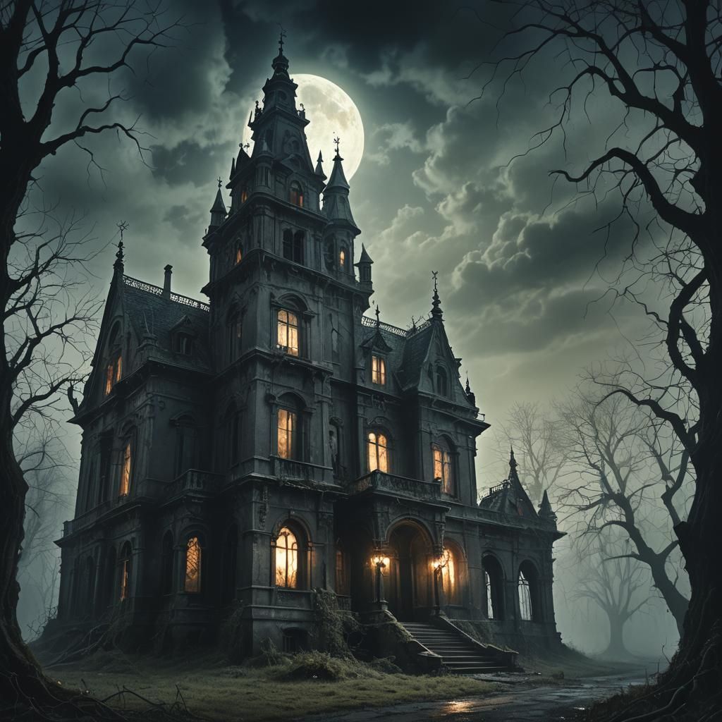 Wraith Lurking Near Abandoned Mansion in Dark Surrealism