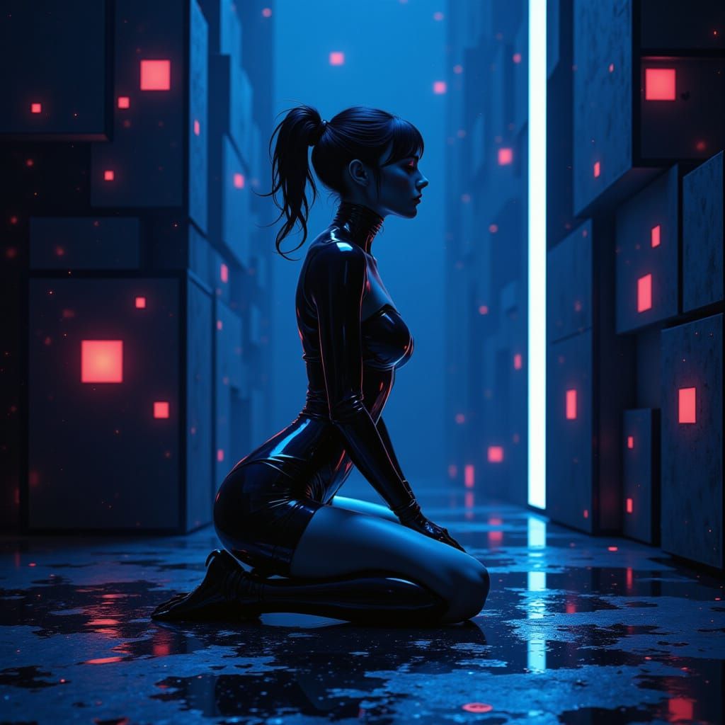 Mysterious Android Woman  in bioluminescent ruby white glow dark laboratory, multilayer...